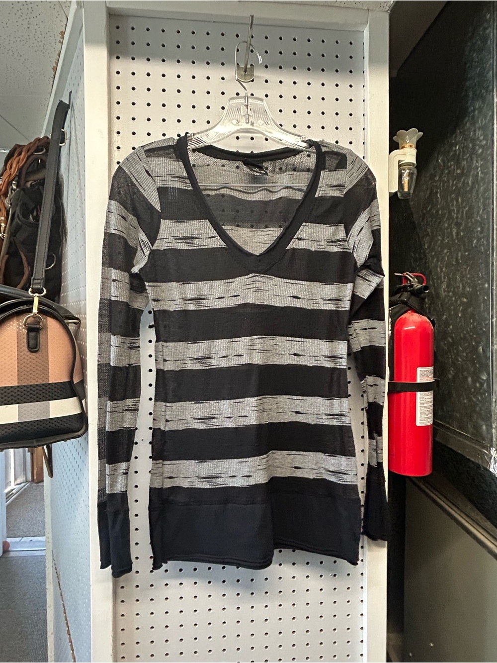 Striped V-Neck knit top (see through) in Black and Gray LG